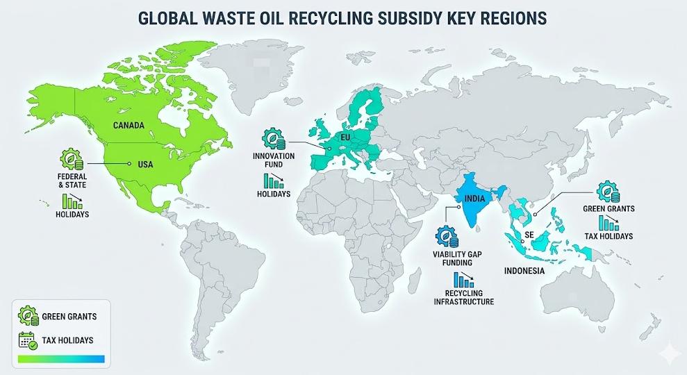 Global map highlighting 2026 government subsidies and EPR incentives for waste oil to diesel projects