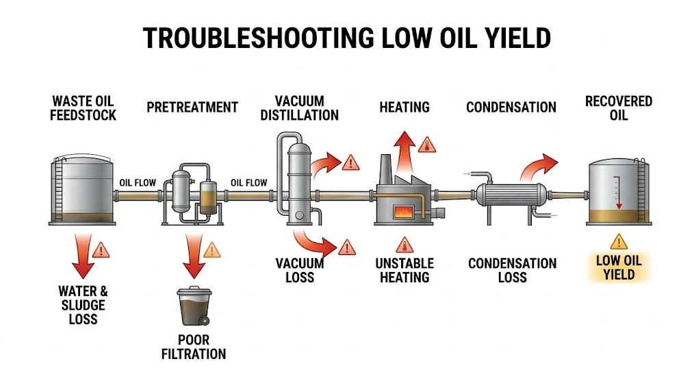 Waste oil recycling plant low oil yield troubleshooting