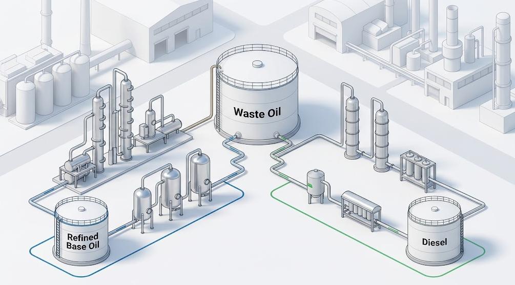 Waste oil to base oil vs diesel recycling routes