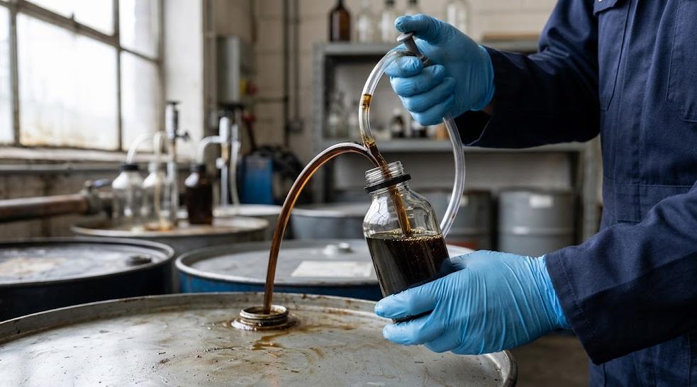 Collecting a used engine oil sample for testing