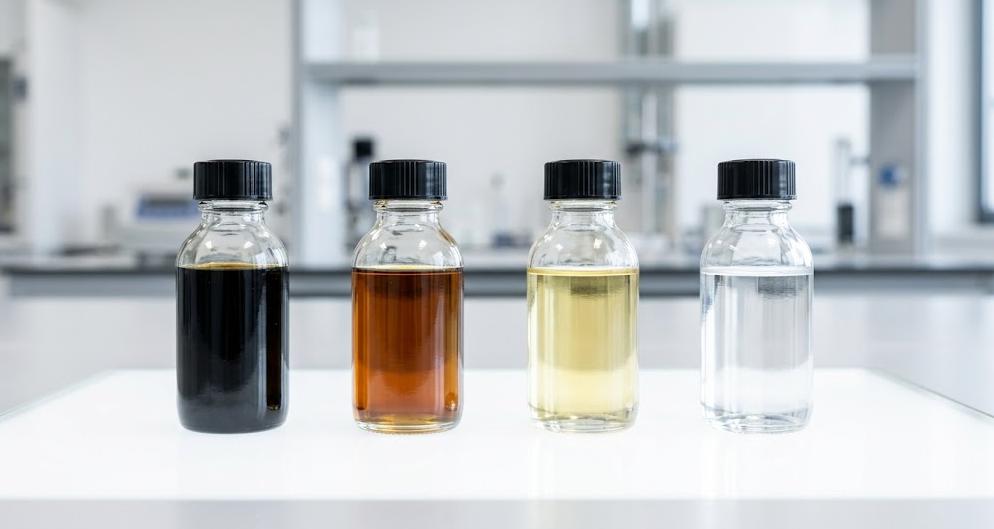 Color comparison between raw used motor oil and clear Group II re-refined base oil samples