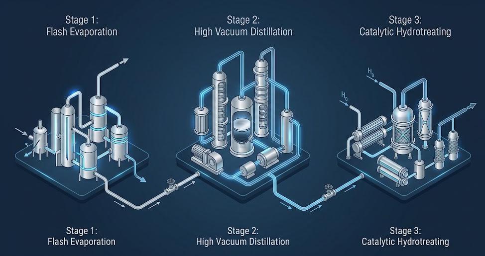 Process flow diagram of waste oil pre-treatment, vacuum distillation, and hydrotreating